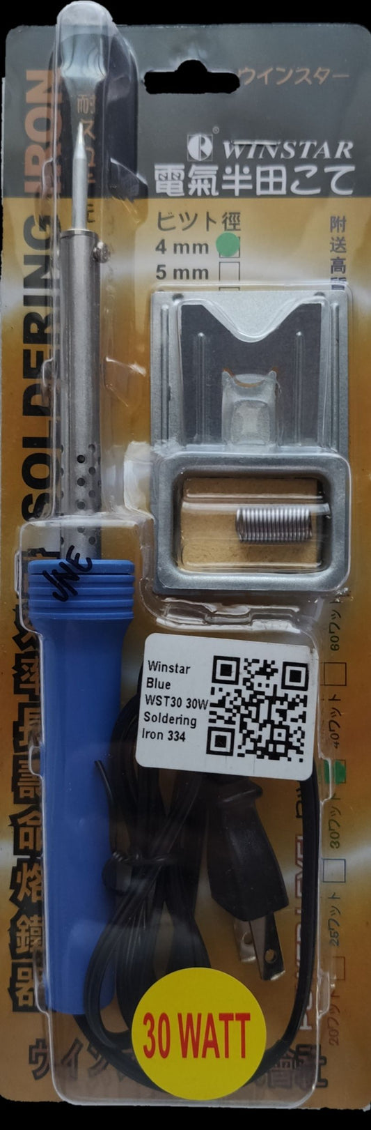 Winstar 30W soldering iron 220V with blue handle and metal tip in retail packaging
