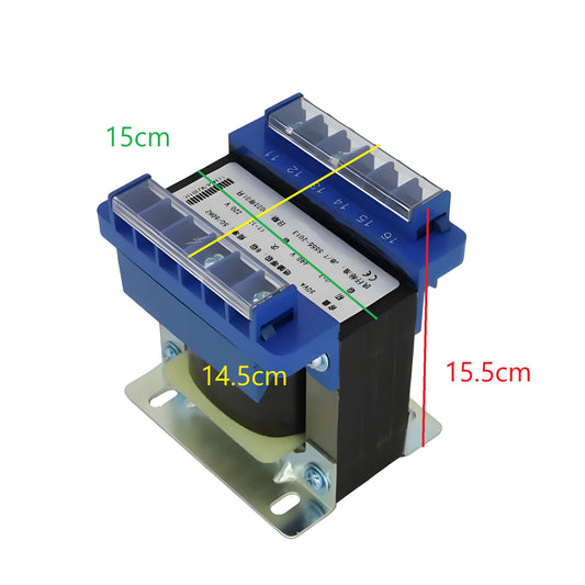 Wixim 1000VA Control Transformer with blue terminal covers and metal mounting base showing dimensions