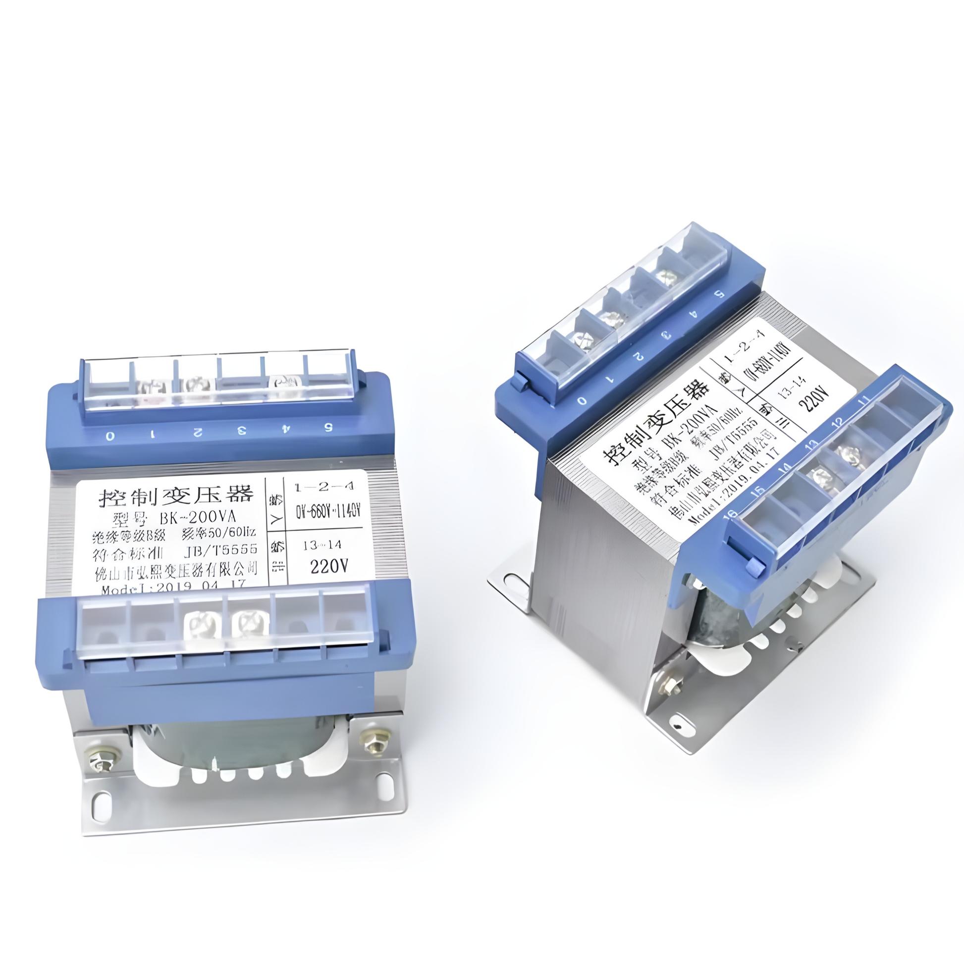 Wixim 300VA Control Transformer with blue terminals and metal mounting base shown from two angles