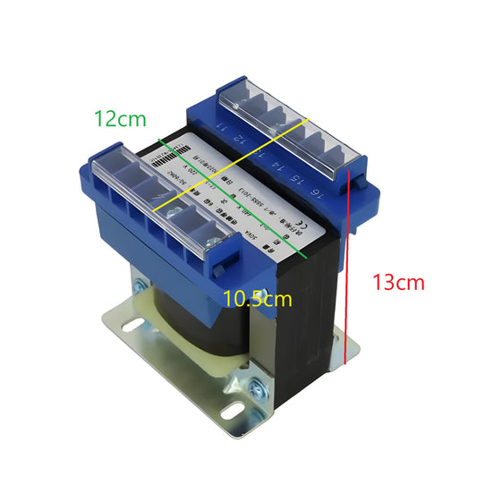 Wixim 350VA Control Transformer with blue terminals and metal mounting base shown with dimensions