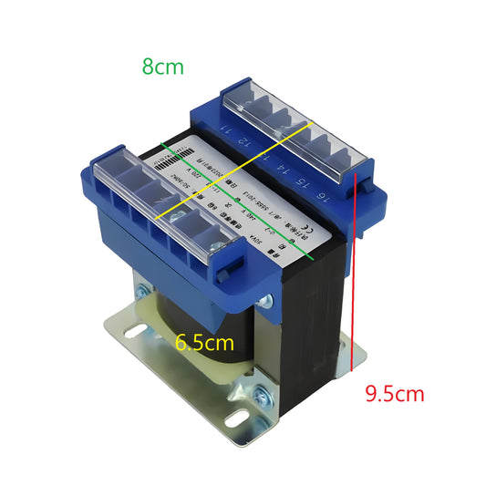 Wixim 50VA Control Transformer with blue terminal cover and metal mounting base showing dimensions
