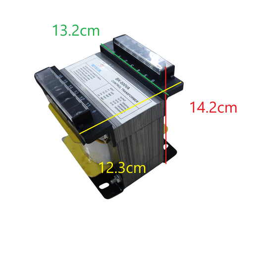 Wixim 500VA Control Transformer on black mounting base with terminal blocks and labeled dimensions 13cm 12cm 14cm