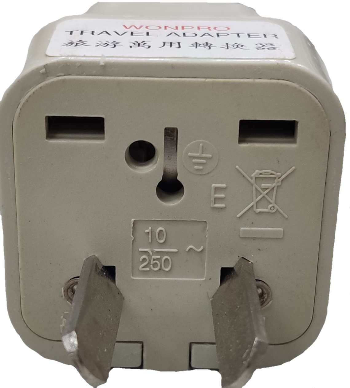 Travel Adaptor Type I with two flat angled pins and universal socket for global travel use