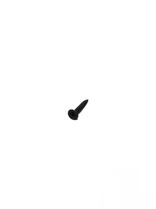 Single black wood screw with Philips head for woodworking and construction tasks