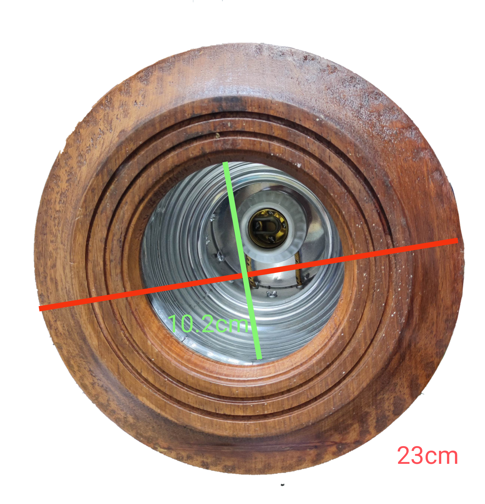 Local wooden border down light fixture with concentric wooden rings and metal inner housing