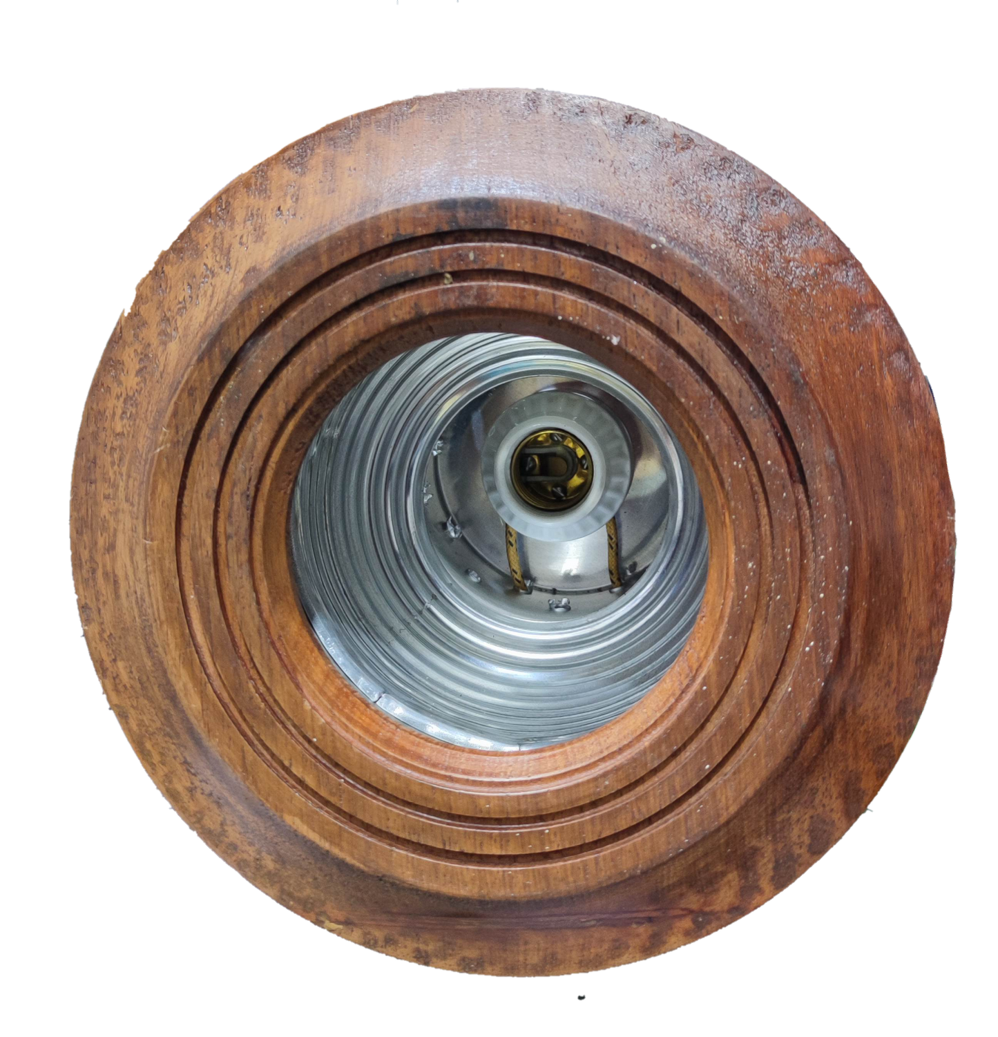 Wooden border down light fixture with circular layered wood design and metallic interior housing