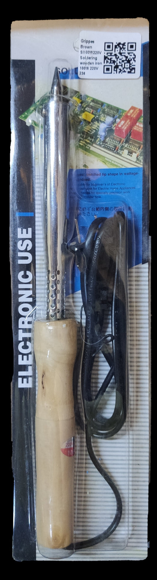 Grippes wooden handle soldering iron with metal tip and power cord in blister packaging