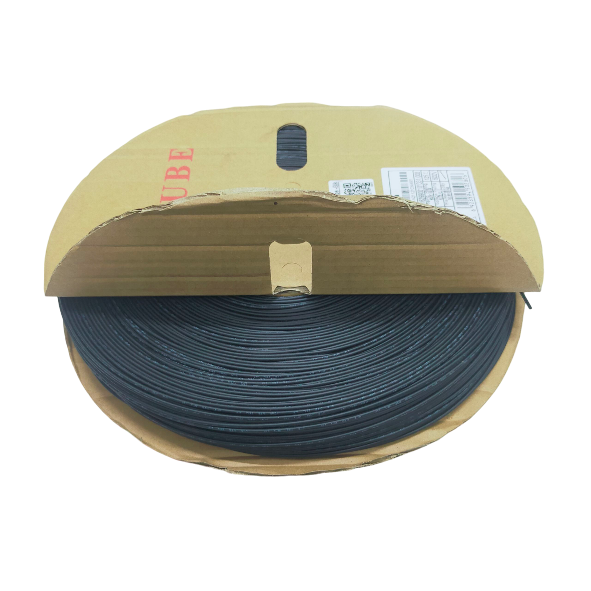 Roll of Heat Shrinkable Tube Black - 1mm cable management tube from China in cardboard packaging
