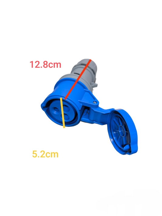 Wixim blue and gray Industrial Outlet Cord Connector Type with protective cap and dimensions