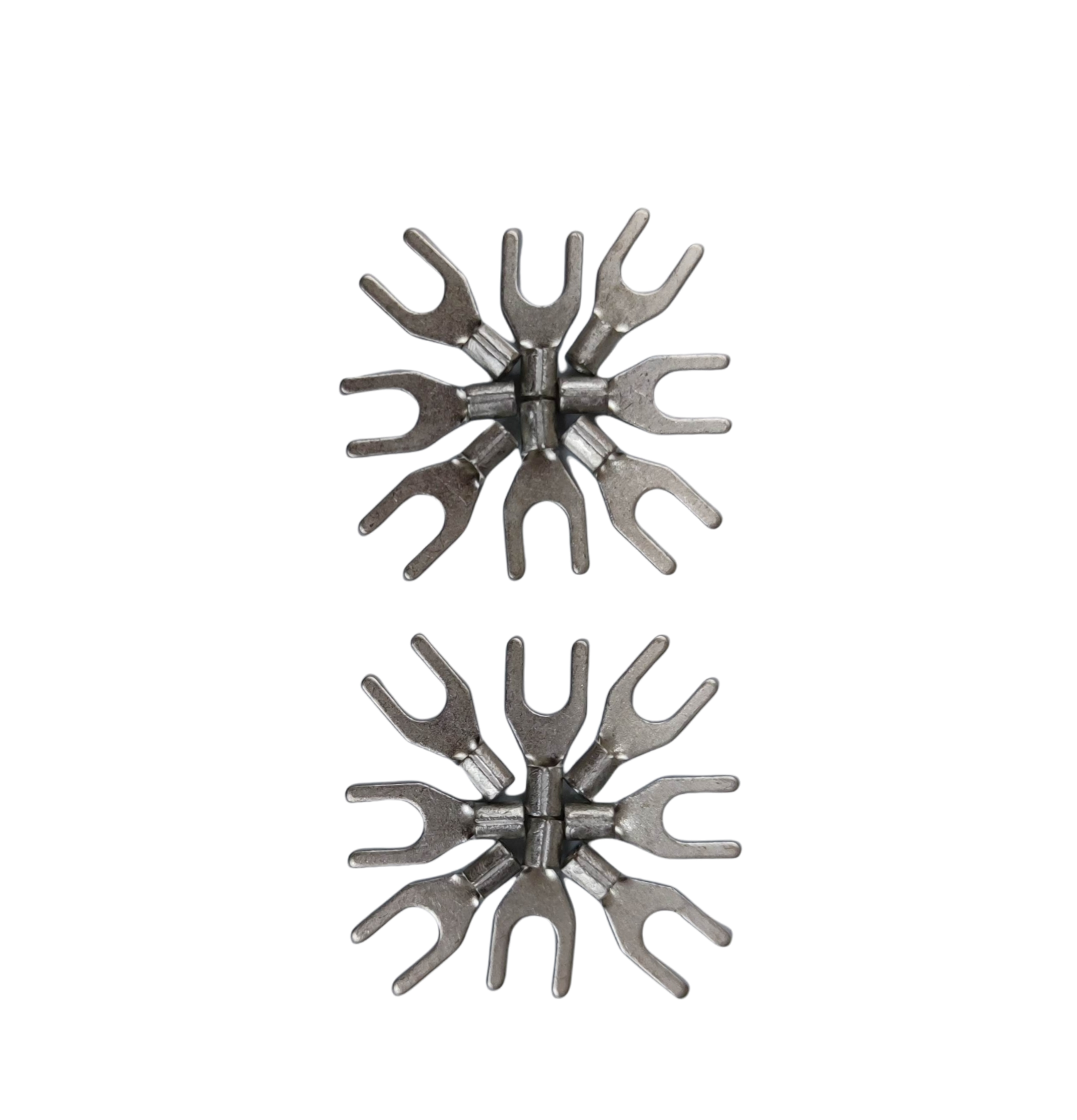 Two sets of metal Y Terminal 2.0mm YA-8C electrical connectors arranged on a black background