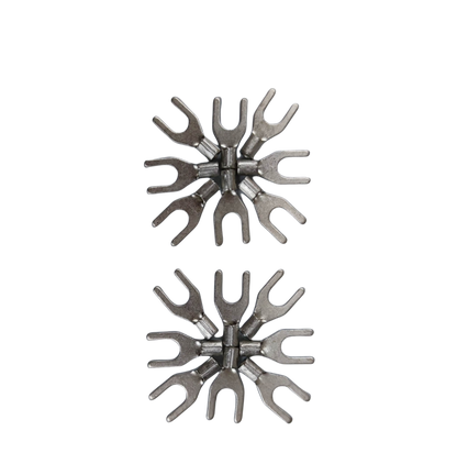Two sets of metal Y Terminal 2.0mm YA-8C electrical connectors arranged on a black background
