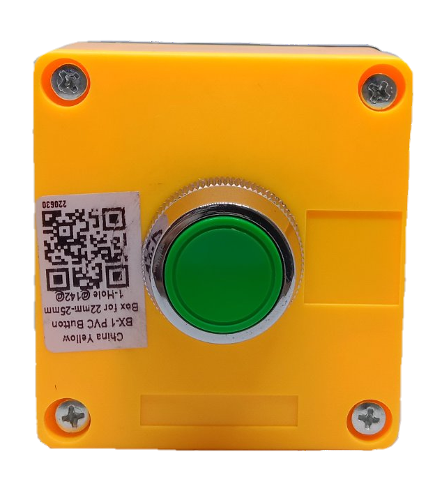 Auspicious green push button switch mounted on a yellow square casing with a QR code label