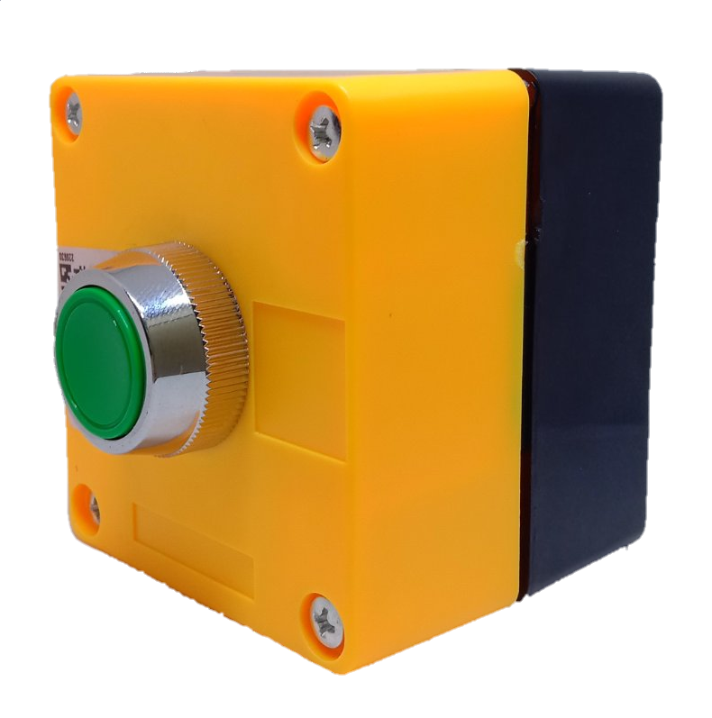 Auspicious green push button switch with yellow plastic housing and metallic rim for industrial control