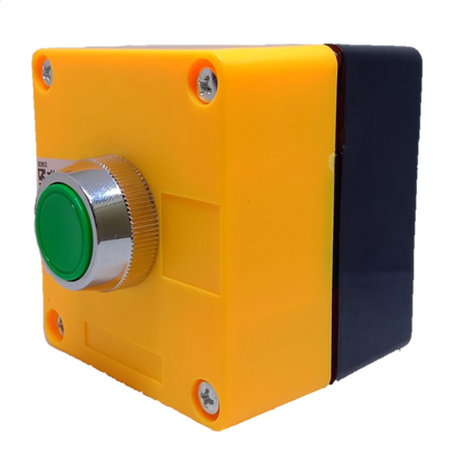 Auspicious green push button switch with yellow plastic housing and metallic rim for industrial control
