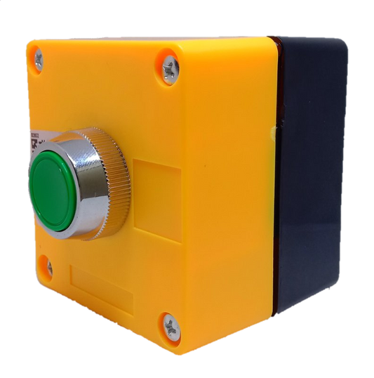Auspicious green push button switch with yellow plastic housing and metallic rim for industrial control