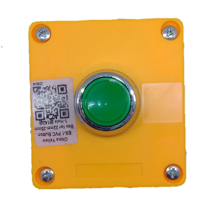 Auspicious green push button switch mounted on yellow square power control box with QR code label