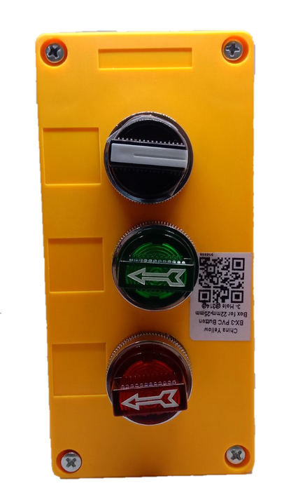 Auspicious illuminated selector switch box with red and green indicator lights on yellow panel