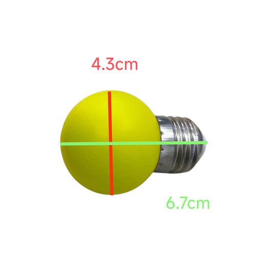 Denko yellow LED ping pong bulb E27 with a round, vibrant design, measuring 4.3cm in height and 6.7cm in diameter