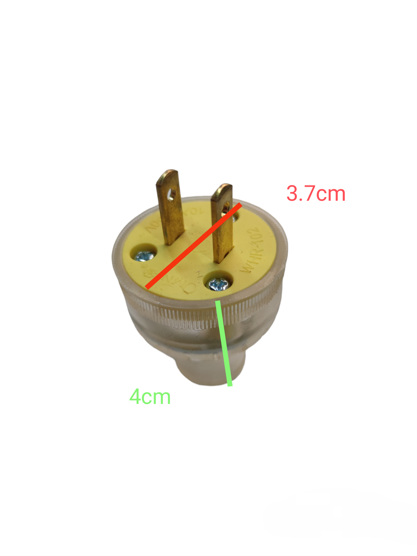 Omni power plug with two brass prongs and transparent casing showing measurements