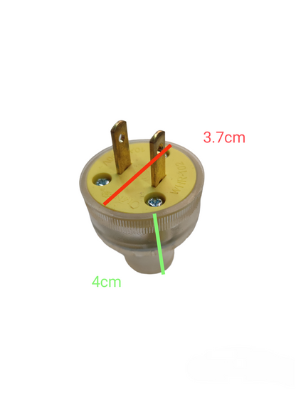 Omni power plug with two brass prongs and transparent casing showing measurements