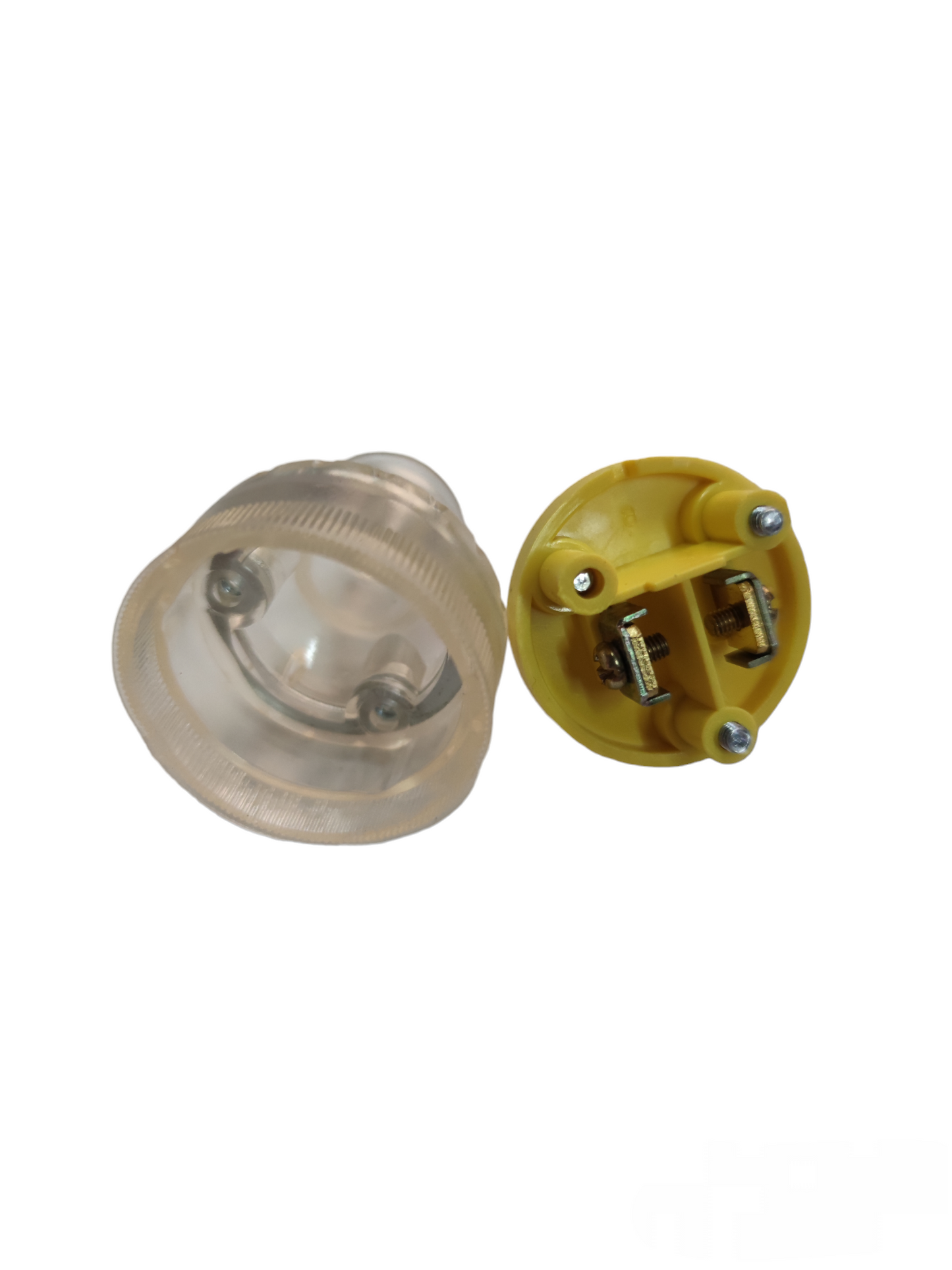 Omni power plug connector with transparent and yellow plastic casing for electrical wiring