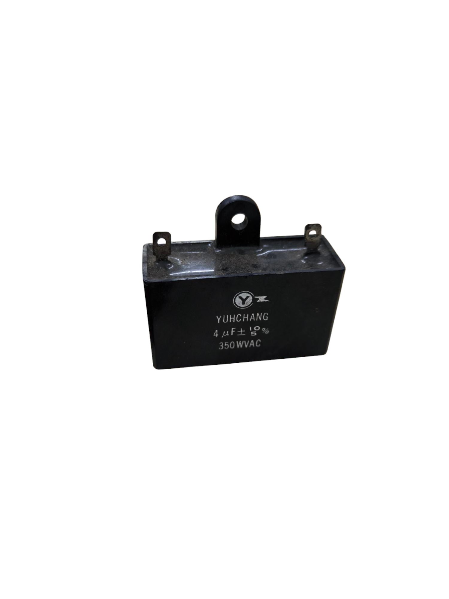 CBB 4uF 350V capacitor rectangular black electrical component with mounting tab and two terminals