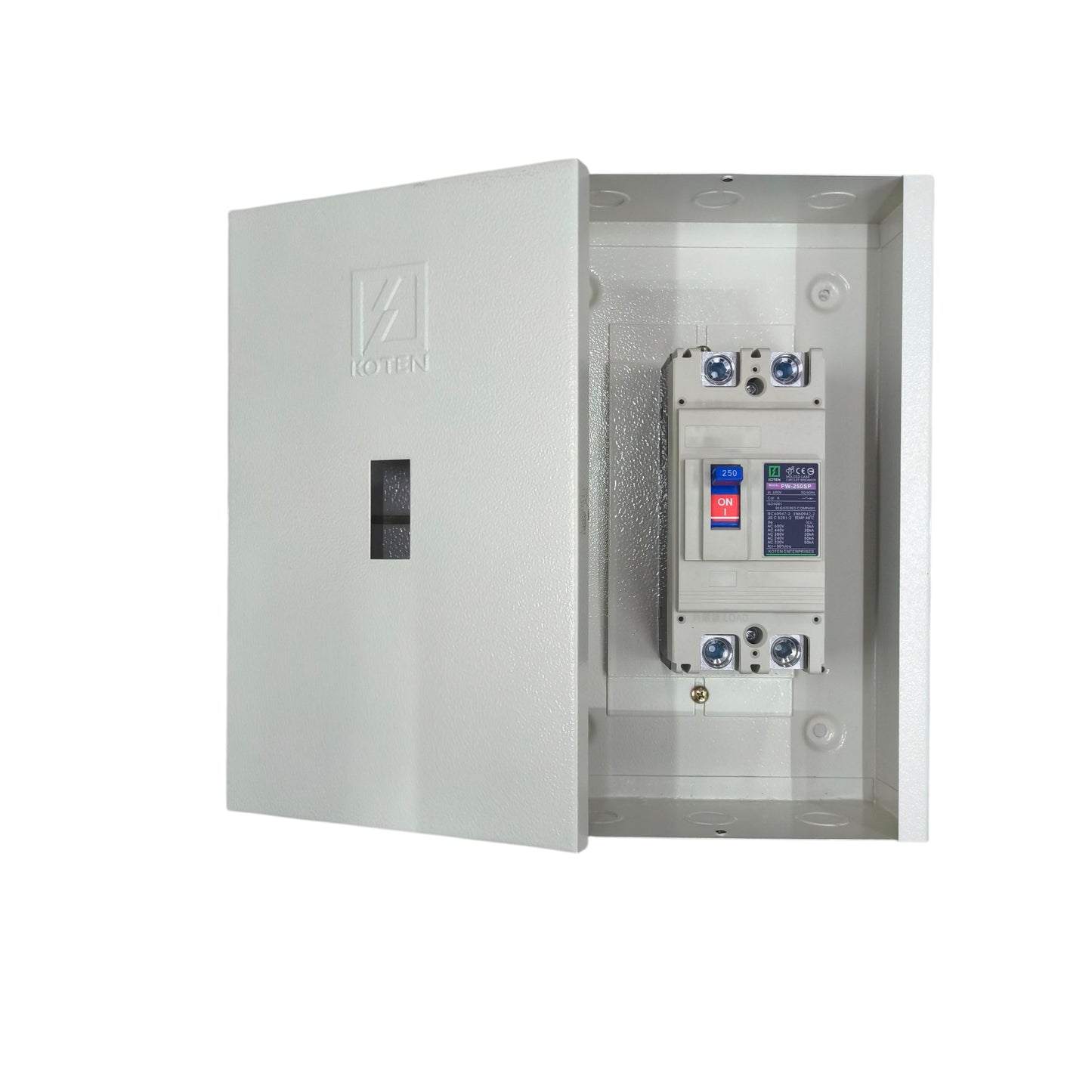 Koten 200A industrial circuit breaker enclosed in a white panel for electrical safety