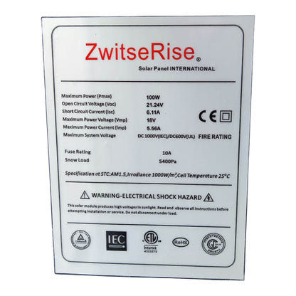 ZwitseRise 100W Solar Panel 1200 x 530 x 35 mm specifications label with power and safety ratings