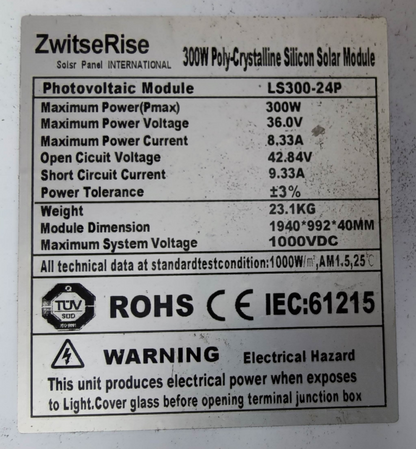 ZwitseRise 300W Solar Panel 1940 x 992 x 40 mm with Poly-Crystalline Silicon Solar Module label