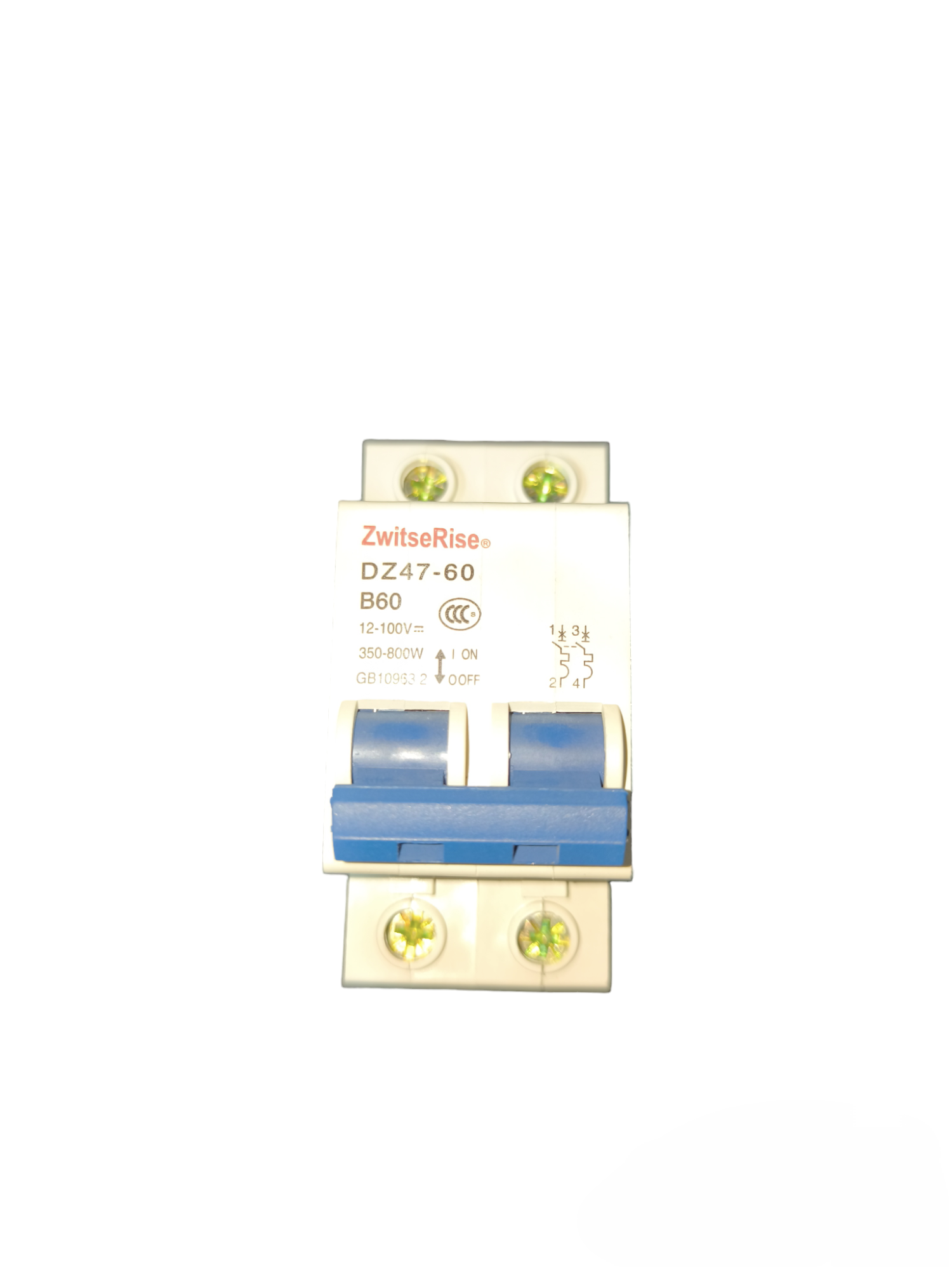 ZwitseRise 60A 2P DC Circuit Breaker with blue switches and white casing for electrical safety