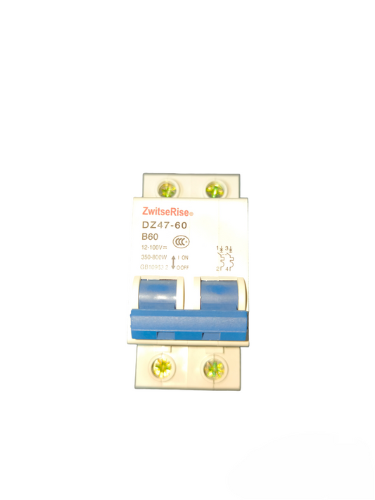 ZwitseRise 60A 2P DC Circuit Breaker with blue switches and white casing for electrical safety