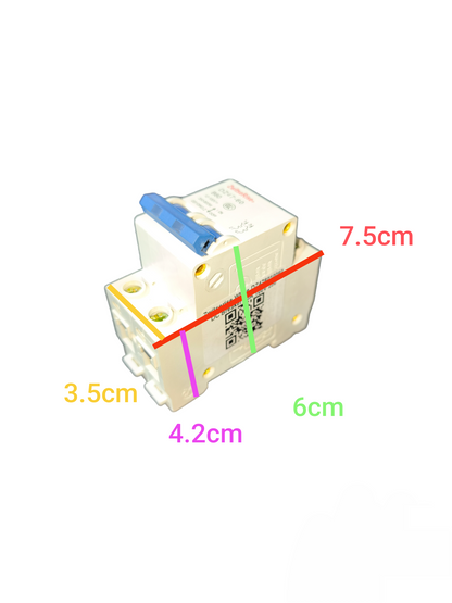 ZwitseRise 60A 2P DC Circuit Breaker with blue switch and detailed measurements
