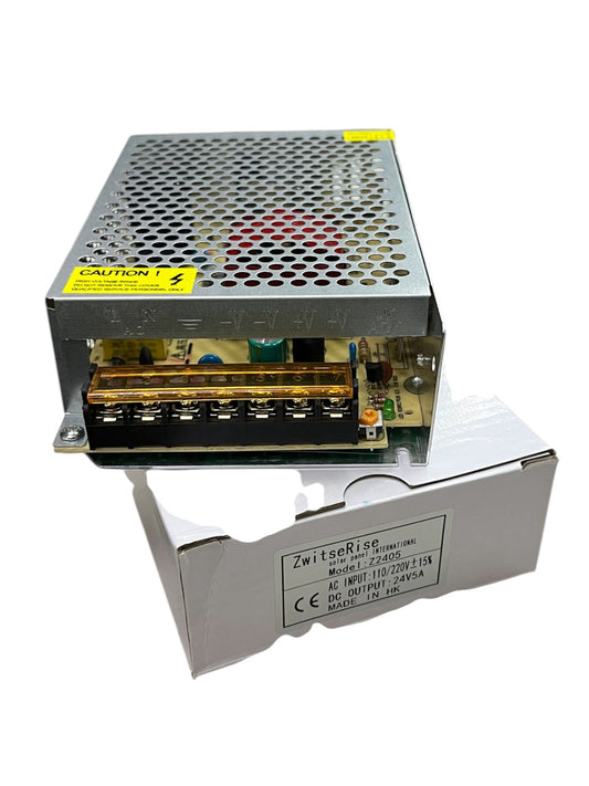 ZwitseRise Power Supply 24V 5A metal casing with ventilation holes and terminal connectors on a white box