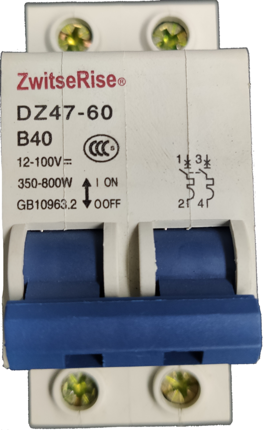 Zwitserise 40A Miniature Circuit Breaker 12V DC to 100V with blue switches and white body