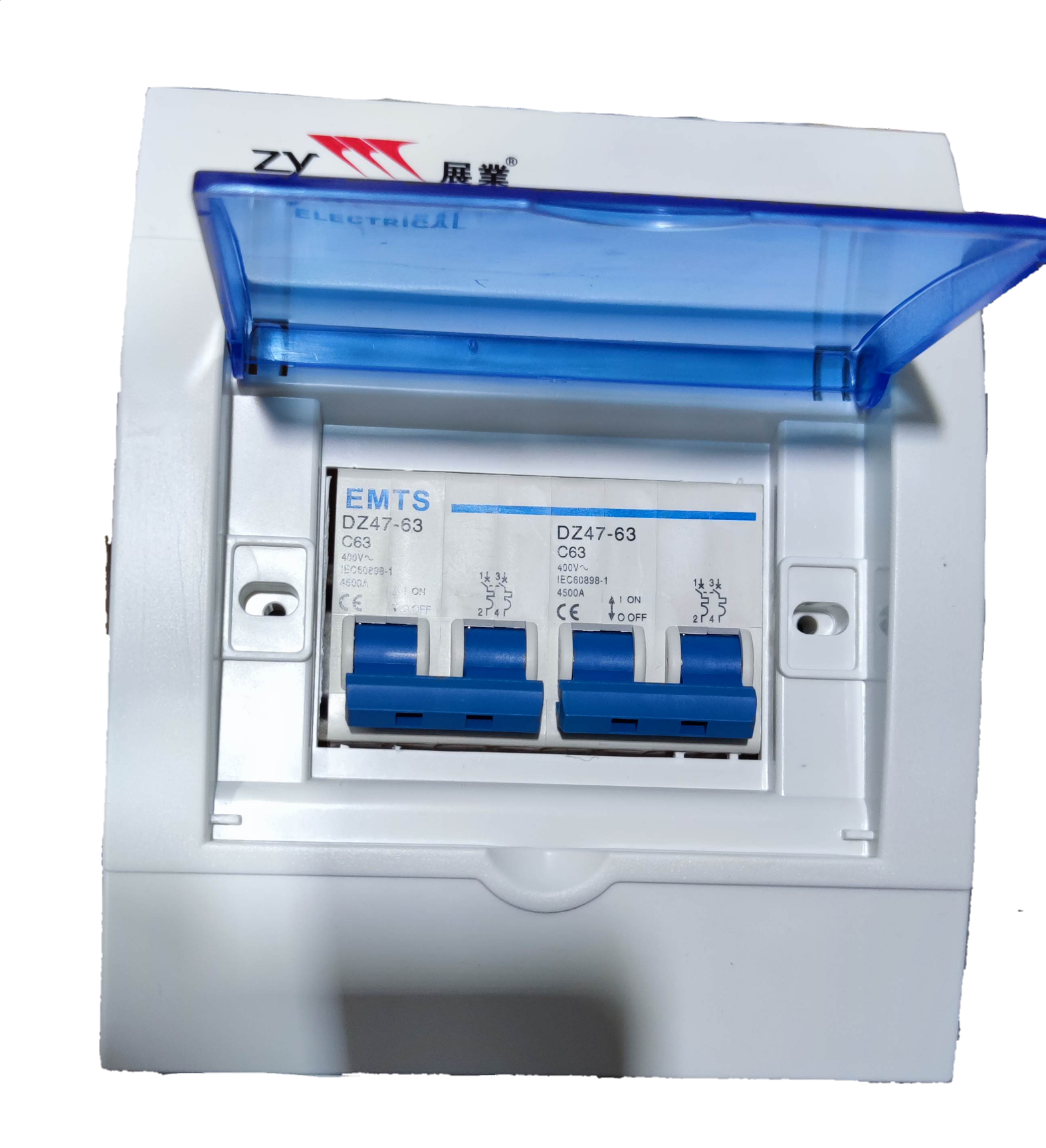 ZY 63A 2 pole circuit breaker 250V Miniature with blue cover and dual switches for electrical safety