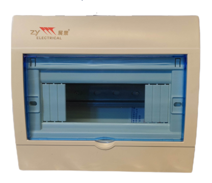 ZY 8 Ways Distribution Box Surface Type with transparent blue cover and beige casing for electrical circuits