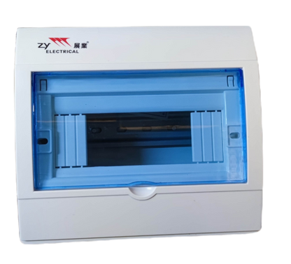 ZY 8 Ways Distribution Box Surface Type electrical panel with blue transparent cover and white casing