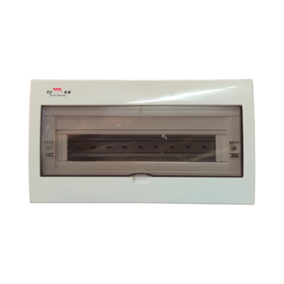 A white electrical distribution board enclosure with a transparent front door showing internal busbars and terminal compartments, photographed on a plain white background.