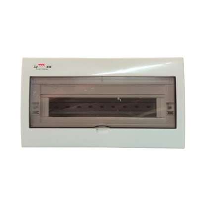 A white electrical distribution board enclosure with a transparent front door showing internal busbars and terminal compartments, photographed on a plain white background.